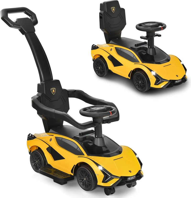 INFANS 3 in 1 Ride on Push Car, Licensed Lamborghini Baby Stroller Sliding Walking with Parent Control Handle, Music, Headlight, Under Seat Storage, Kids Foot-to-Floor Toy for 18-60 Months (Yellow) - Image 1